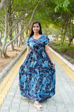 Peacock Floral Premium Alpine 3-Layer Maxi Frock – Elegant Double Layer Butterfly Sleeves with V-Neck & Adjustable Back Tie - Breathable All-Season Fabric