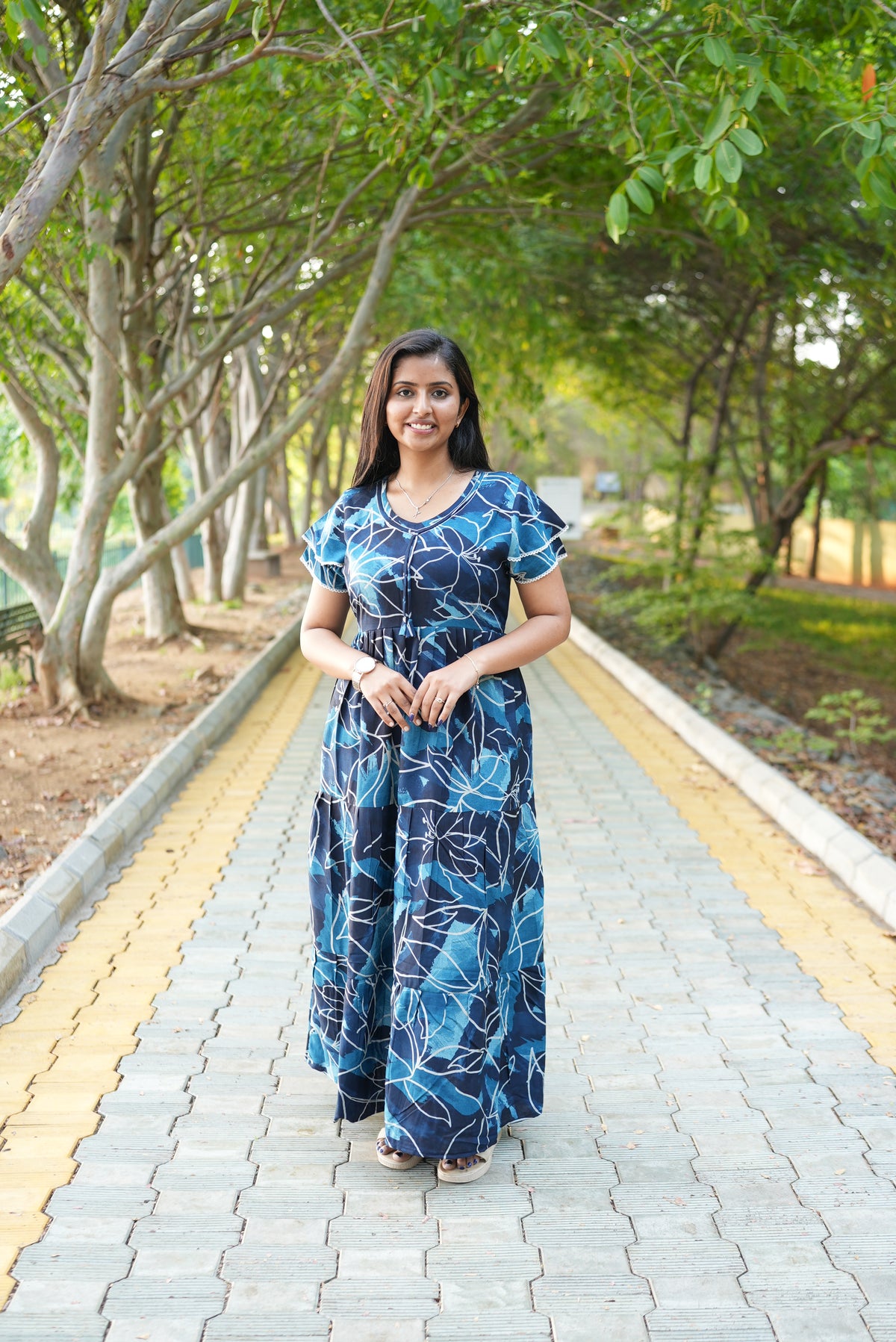 Peacock Floral Premium Alpine 3-Layer Maxi Frock – Elegant Double Layer Butterfly Sleeves with V-Neck & Adjustable Back Tie - Breathable All-Season Fabric