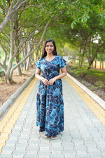 Peacock Floral Premium Alpine 3-Layer Maxi Frock – Elegant Double Layer Butterfly Sleeves with V-Neck & Adjustable Back Tie - Breathable All-Season Fabric