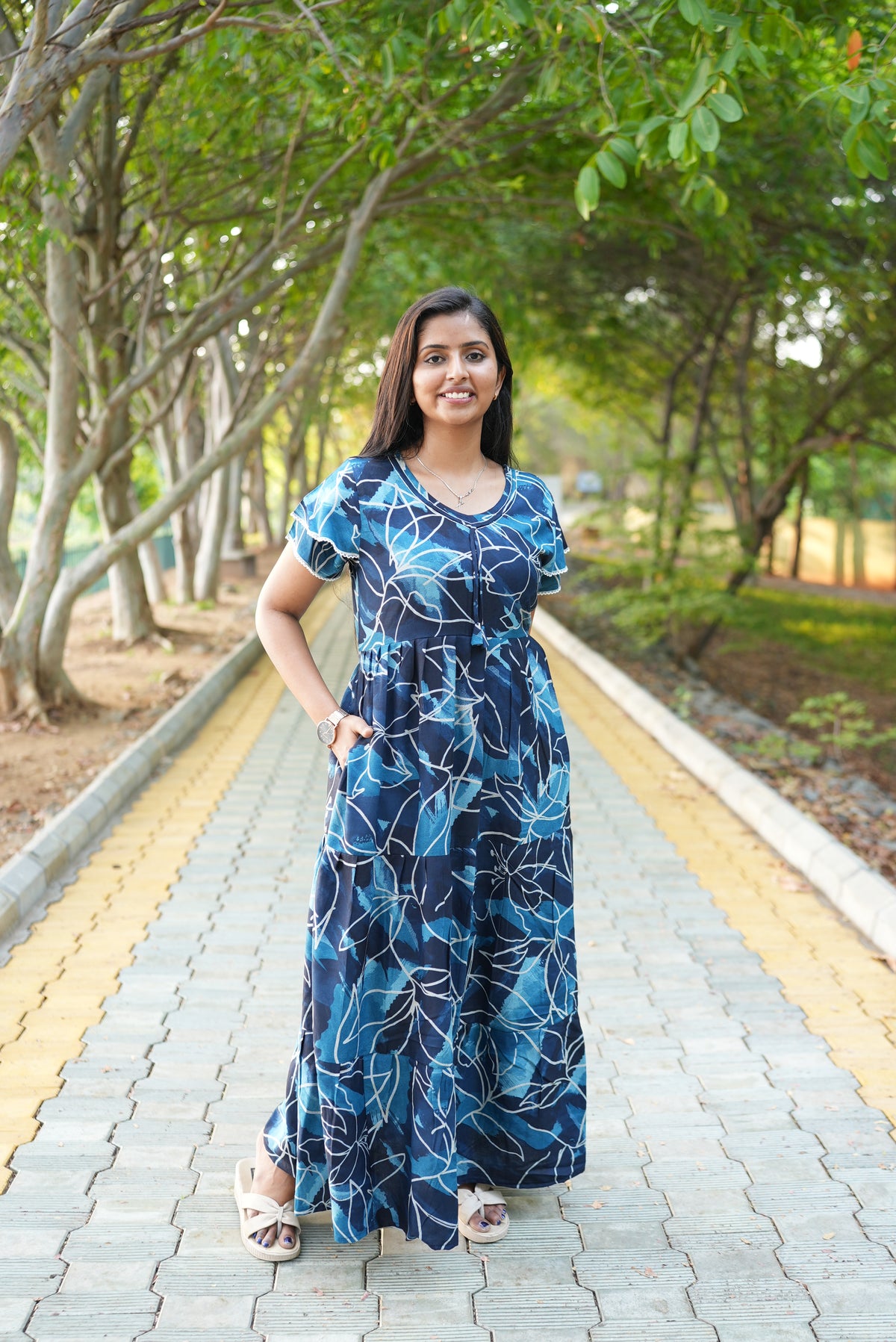 Peacock Floral Premium Alpine 3-Layer Maxi Frock – Elegant Double Layer Butterfly Sleeves with V-Neck & Adjustable Back Tie - Breathable All-Season Fabric