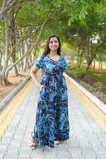 Peacock Floral Premium Alpine 3-Layer Maxi Frock – Elegant Double Layer Butterfly Sleeves with V-Neck & Adjustable Back Tie - Breathable All-Season Fabric