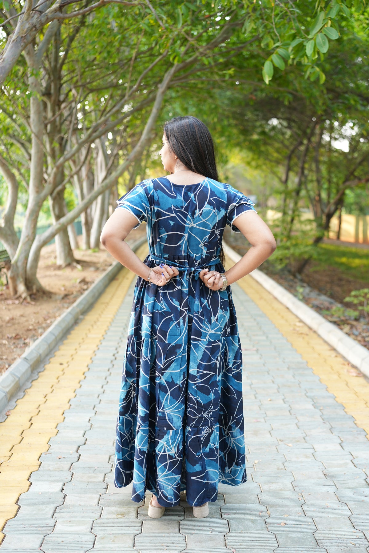 Peacock Floral Premium Alpine 3-Layer Maxi Frock – Elegant Double Layer Butterfly Sleeves with V-Neck & Adjustable Back Tie - Breathable All-Season Fabric