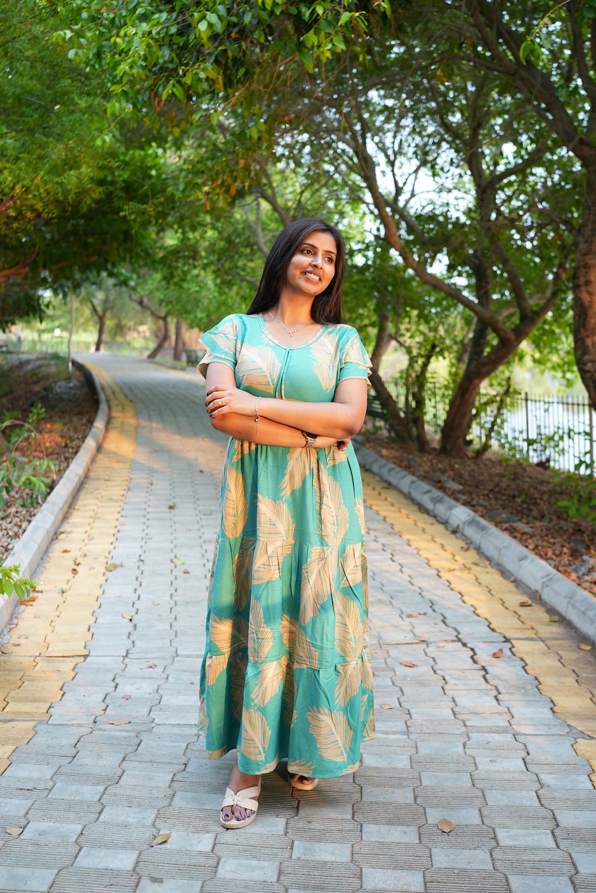 Premium Alpine 3-Layer Summer Maxi Frock – Tropical Palm Print with Double Layer Flutter Sleeves, V-Neck & Side Pockets