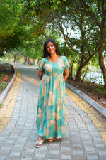 Premium Alpine 3-Layer Summer Maxi Frock – Tropical Palm Print with Double Layer Flutter Sleeves, V-Neck & Side Pockets