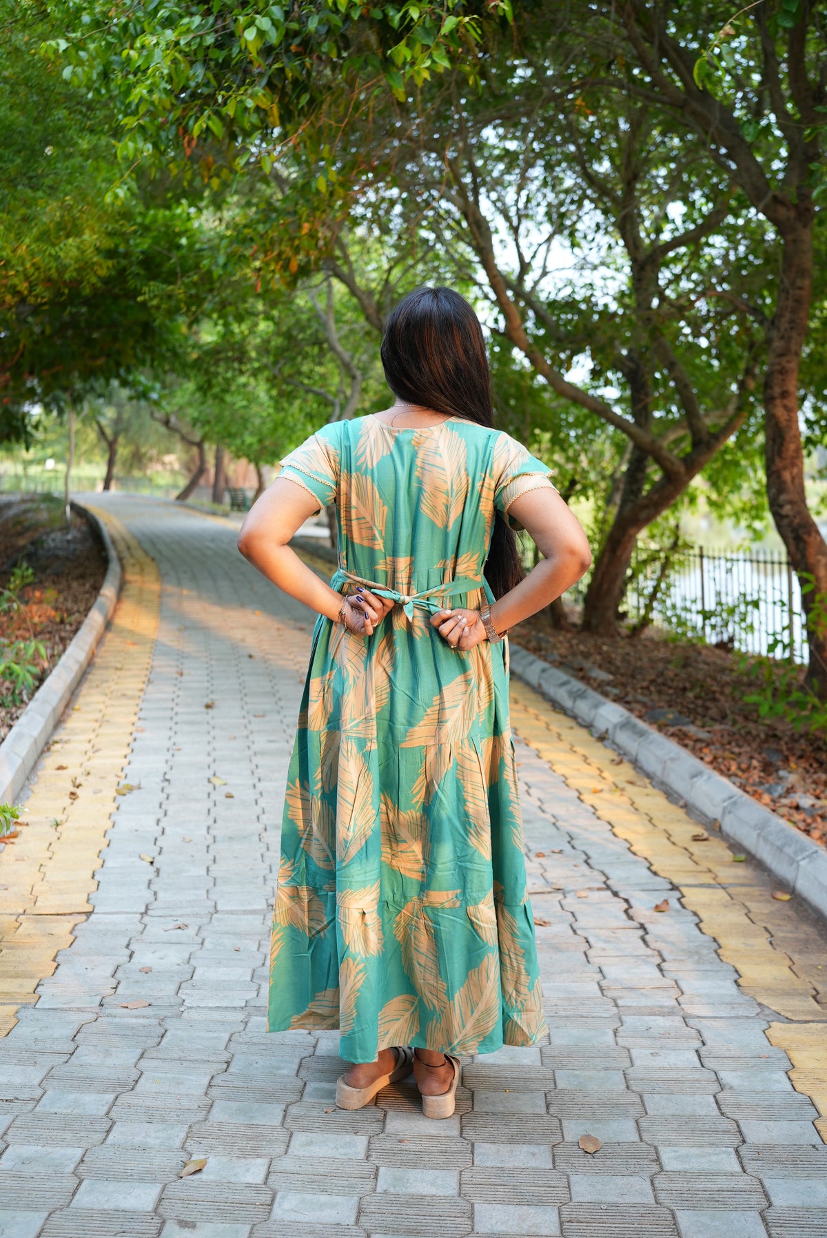 Premium Alpine 3-Layer Summer Maxi Frock – Tropical Palm Print with Double Layer Flutter Sleeves, V-Neck & Side Pockets