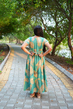 Premium Alpine 3-Layer Summer Maxi Frock – Tropical Palm Print with Double Layer Flutter Sleeves, V-Neck & Side Pockets