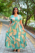 Premium Alpine 3-Layer Summer Maxi Frock – Tropical Palm Print with Double Layer Flutter Sleeves, V-Neck & Side Pockets