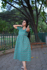 Teal & Coral Katha Print Premium Cotton Maternity Maxi – Dual Invisible Feeding Zippers with Stylish Square Neck & Puff Sleeves