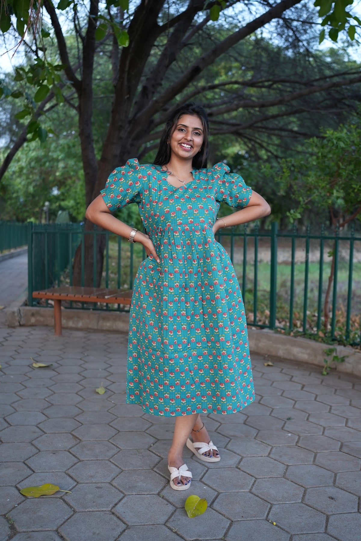 Teal & Coral Katha Print Premium Cotton Maternity Maxi – Dual Invisible Feeding Zippers with Stylish Square Neck & Puff Sleeves