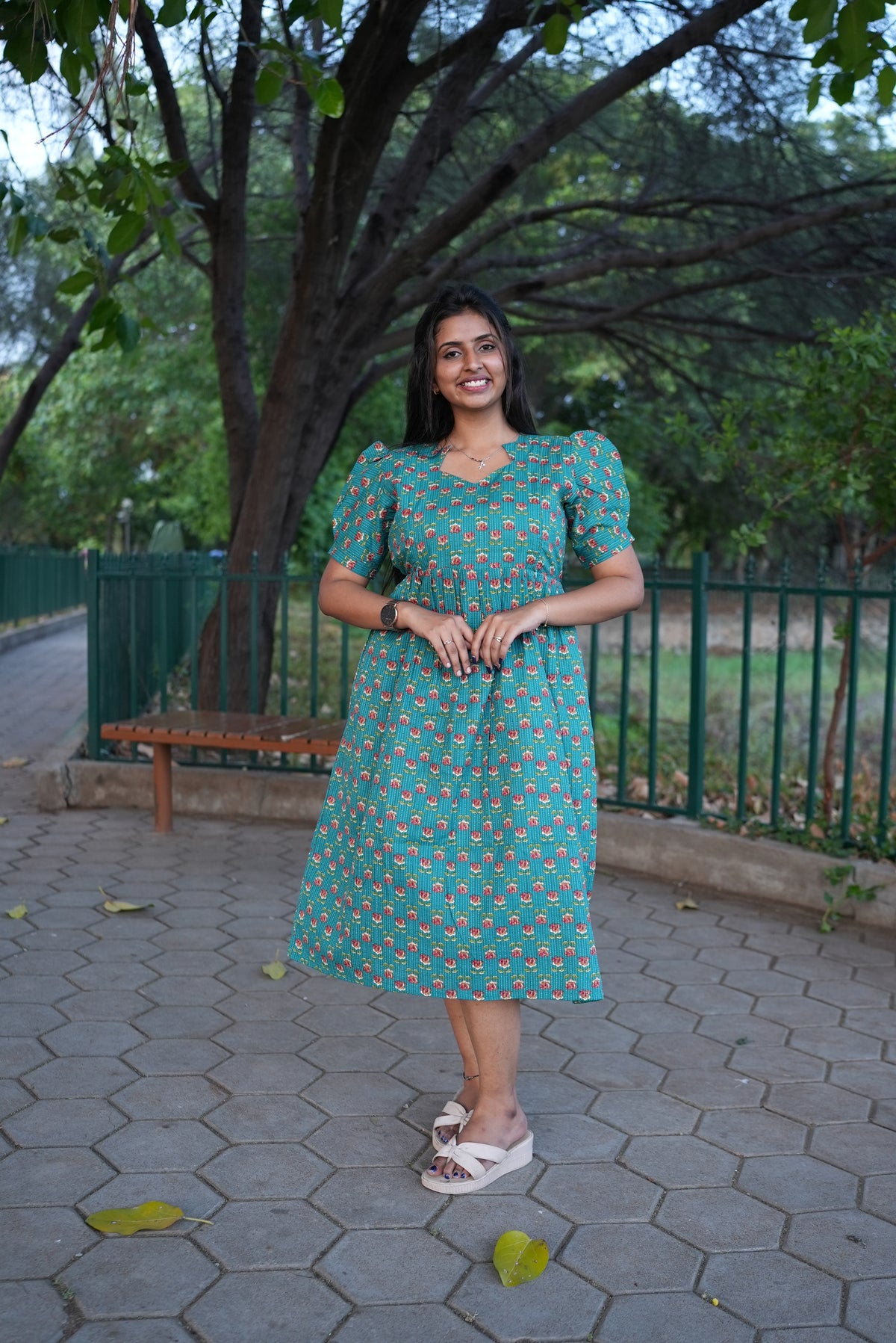 Teal & Coral Katha Print Premium Cotton Maternity Maxi – Dual Invisible Feeding Zippers with Stylish Square Neck & Puff Sleeves