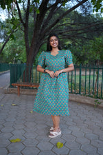 Teal & Coral Katha Print Premium Cotton Maternity Maxi – Dual Invisible Feeding Zippers with Stylish Square Neck & Puff Sleeves