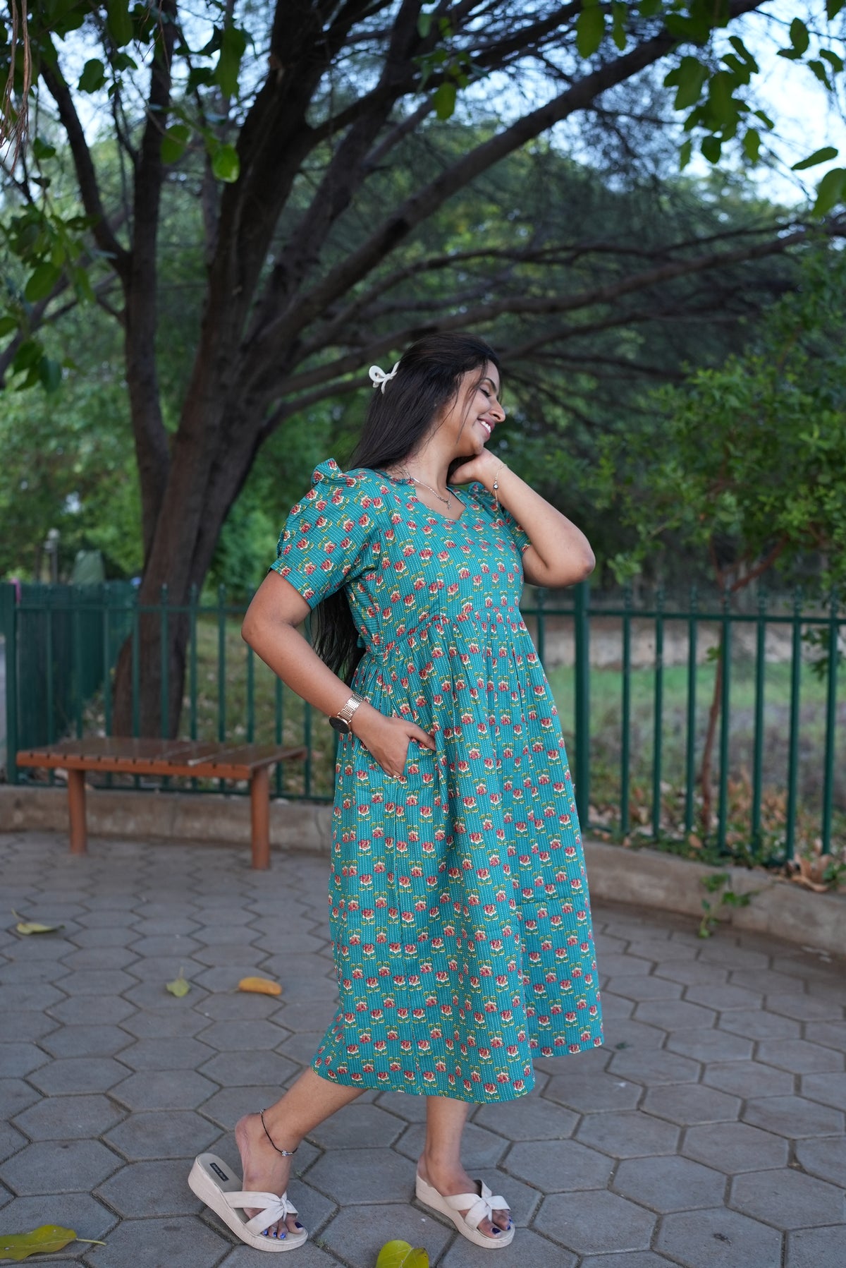 Teal & Coral Katha Print Premium Cotton Maternity Maxi – Dual Invisible Feeding Zippers with Stylish Square Neck & Puff Sleeves