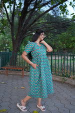 Teal & Coral Katha Print Premium Cotton Maternity Maxi – Dual Invisible Feeding Zippers with Stylish Square Neck & Puff Sleeves
