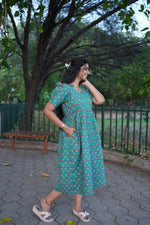 Teal & Coral Katha Print Premium Cotton Maternity Maxi – Dual Invisible Feeding Zippers with Stylish Square Neck & Puff Sleeves