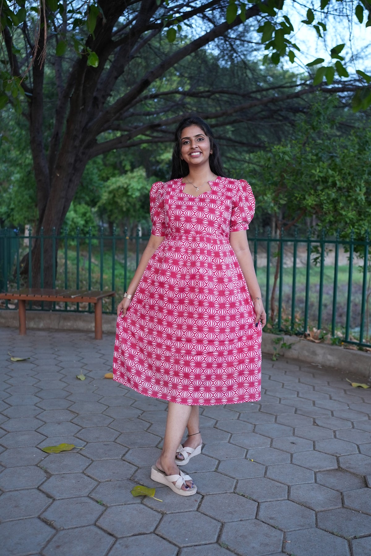 Crimson Katha Print Premium Cotton Maternity Maxi – Dual Invisible Feeding Zippers with Stylish Square Neck & Puff Sleeves