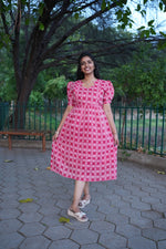 Crimson Katha Print Premium Cotton Maternity Maxi – Dual Invisible Feeding Zippers with Stylish Square Neck & Puff Sleeves