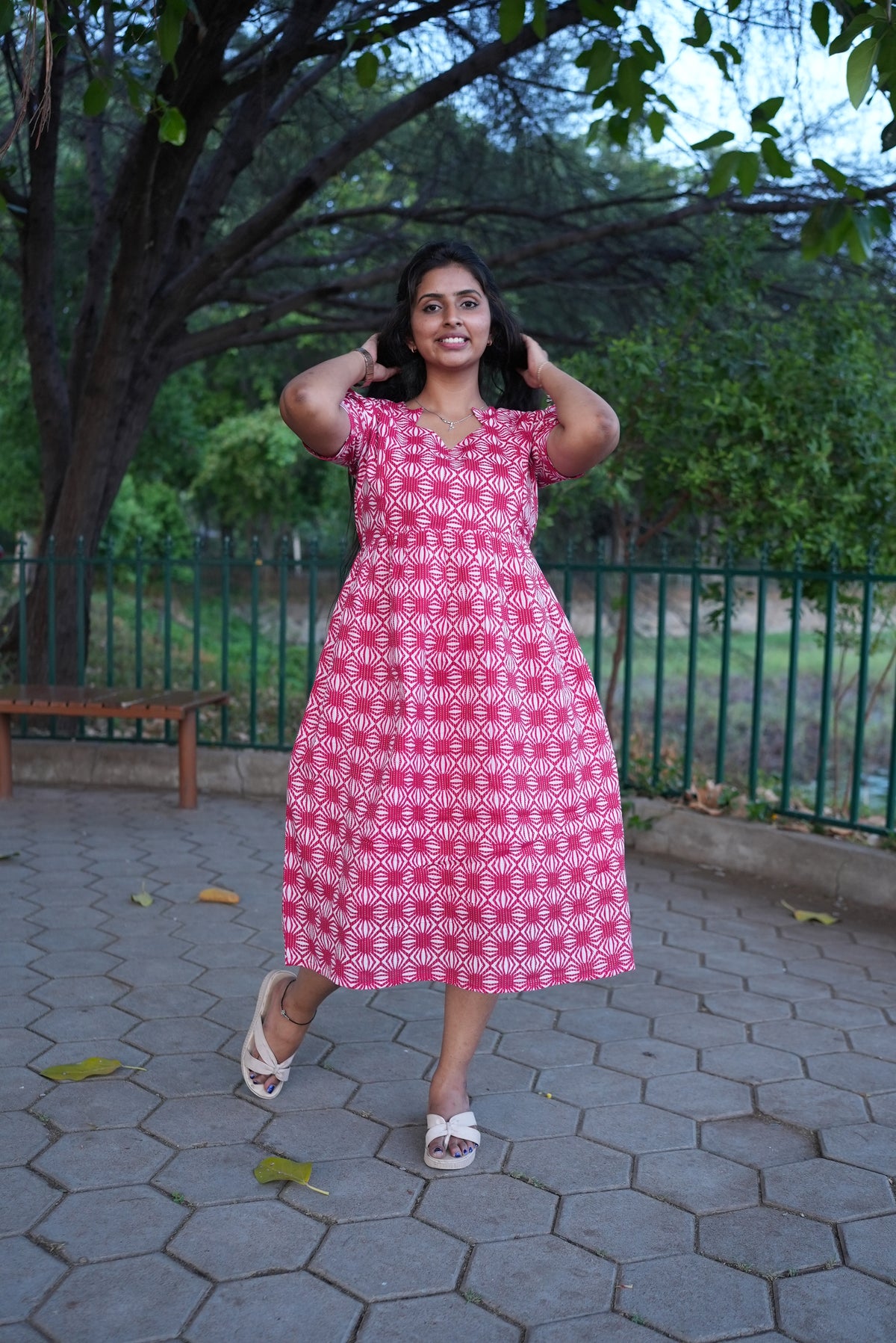 Crimson Katha Print Premium Cotton Maternity Maxi – Dual Invisible Feeding Zippers with Stylish Square Neck & Puff Sleeves