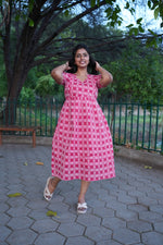 Crimson Katha Print Premium Cotton Maternity Maxi – Dual Invisible Feeding Zippers with Stylish Square Neck & Puff Sleeves