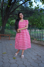 Crimson Katha Print Premium Cotton Maternity Maxi – Dual Invisible Feeding Zippers with Stylish Square Neck & Puff Sleeves