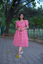 Crimson Katha Print Premium Cotton Maternity Maxi – Dual Invisible Feeding Zippers with Stylish Square Neck & Puff Sleeves