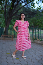 Crimson Katha Print Premium Cotton Maternity Maxi – Dual Invisible Feeding Zippers with Stylish Square Neck & Puff Sleeves