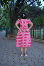 Crimson Katha Print Premium Cotton Maternity Maxi – Dual Invisible Feeding Zippers with Stylish Square Neck & Puff Sleeves