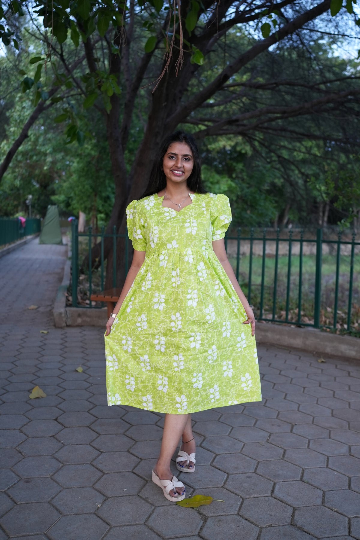 Azure Katha-Print Premium Cotton Maternity Maxi – Dual Invisible Zipper Feeding Dress with Square Neck & Puff Sleeves