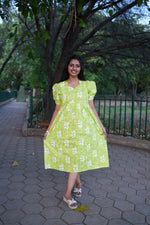 Azure Katha-Print Premium Cotton Maternity Maxi – Dual Invisible Zipper Feeding Dress with Square Neck & Puff Sleeves