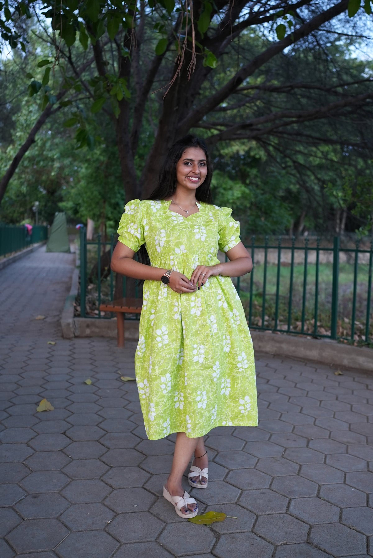 Azure Katha-Print Premium Cotton Maternity Maxi – Dual Invisible Zipper Feeding Dress with Square Neck & Puff Sleeves