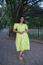 Azure Katha-Print Premium Cotton Maternity Maxi – Dual Invisible Zipper Feeding Dress with Square Neck & Puff Sleeves