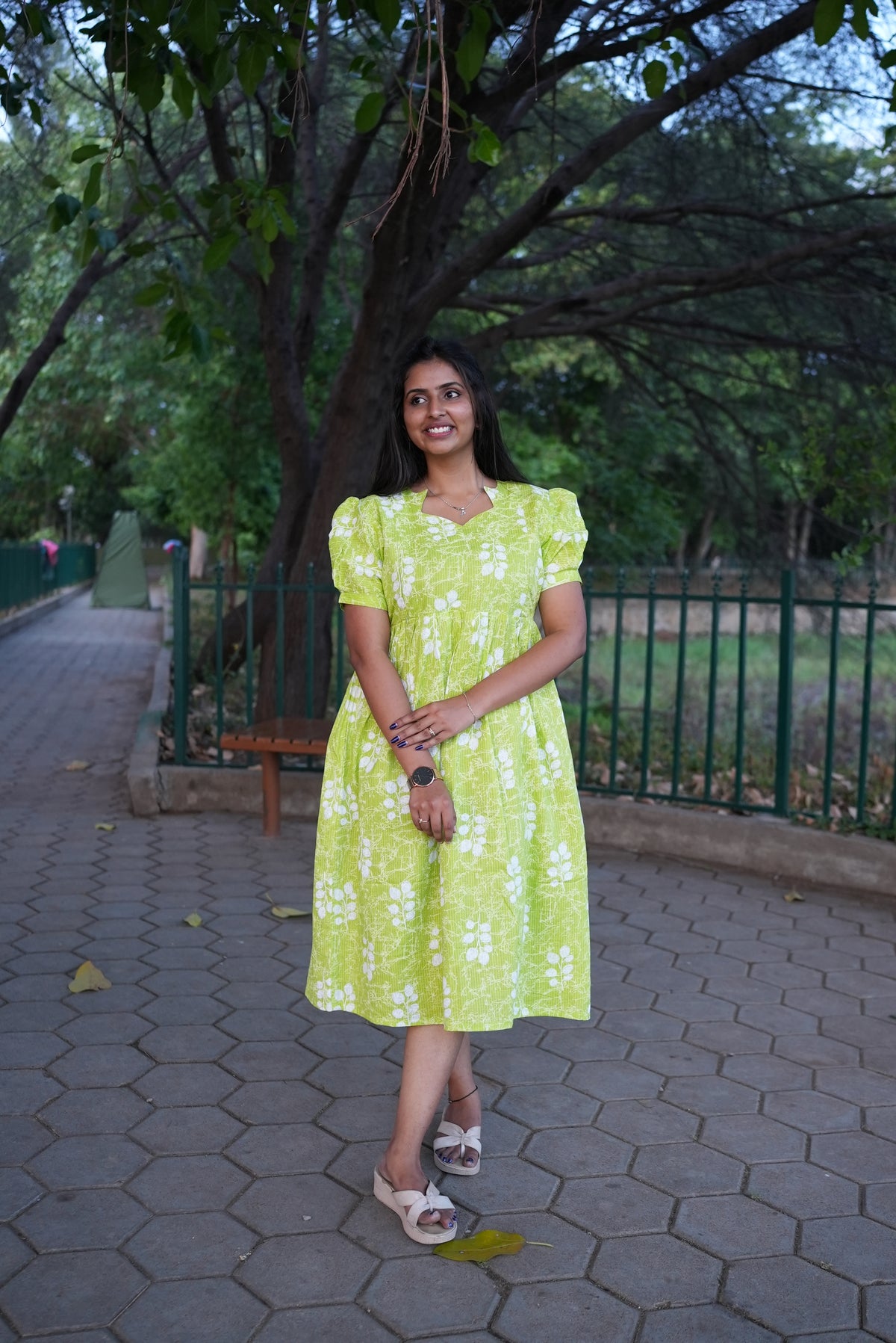 Azure Katha-Print Premium Cotton Maternity Maxi – Dual Invisible Zipper Feeding Dress with Square Neck & Puff Sleeves