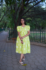 Azure Katha-Print Premium Cotton Maternity Maxi – Dual Invisible Zipper Feeding Dress with Square Neck & Puff Sleeves