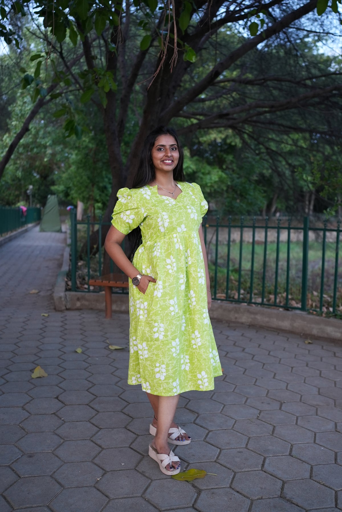 Azure Katha-Print Premium Cotton Maternity Maxi – Dual Invisible Zipper Feeding Dress with Square Neck & Puff Sleeves