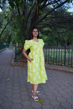 Azure Katha-Print Premium Cotton Maternity Maxi – Dual Invisible Zipper Feeding Dress with Square Neck & Puff Sleeves