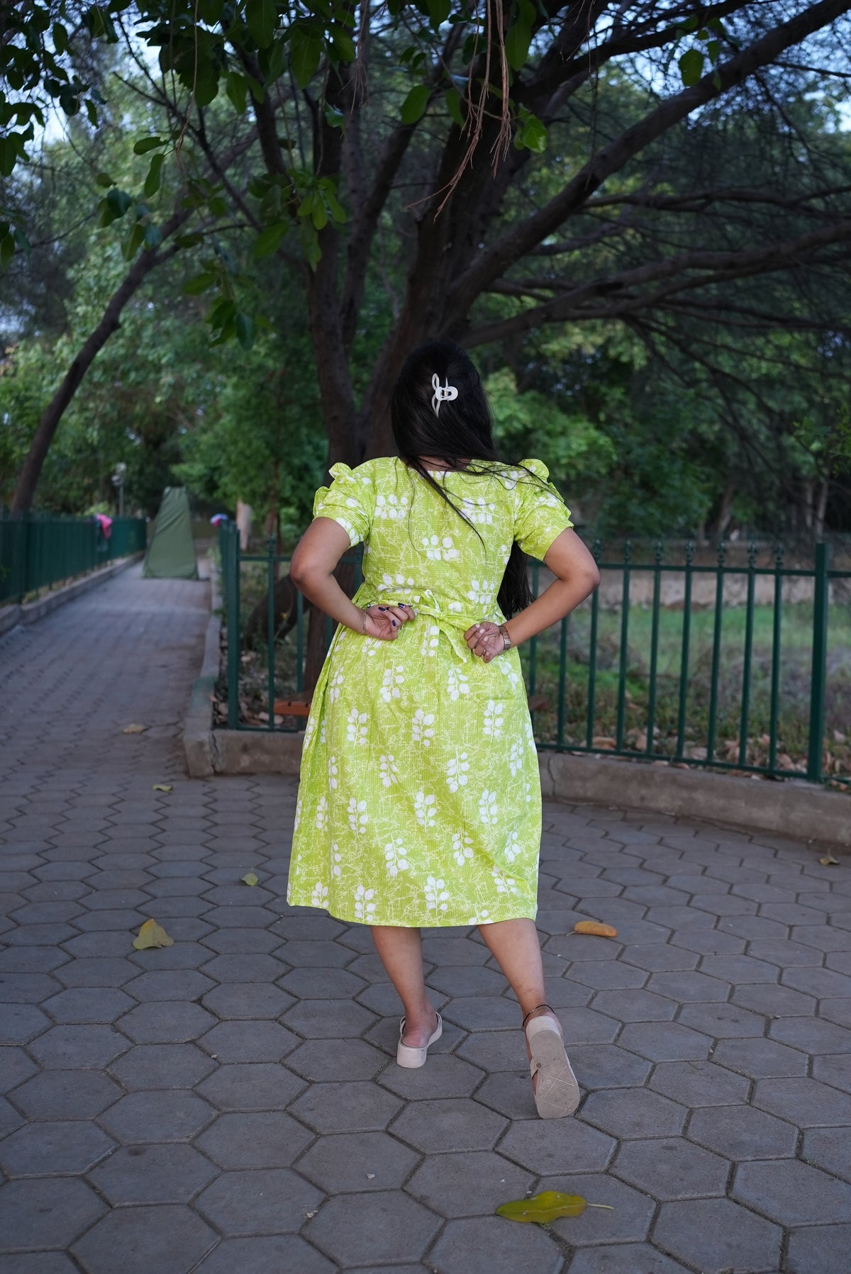 Azure Katha-Print Premium Cotton Maternity Maxi – Dual Invisible Zipper Feeding Dress with Square Neck & Puff Sleeves