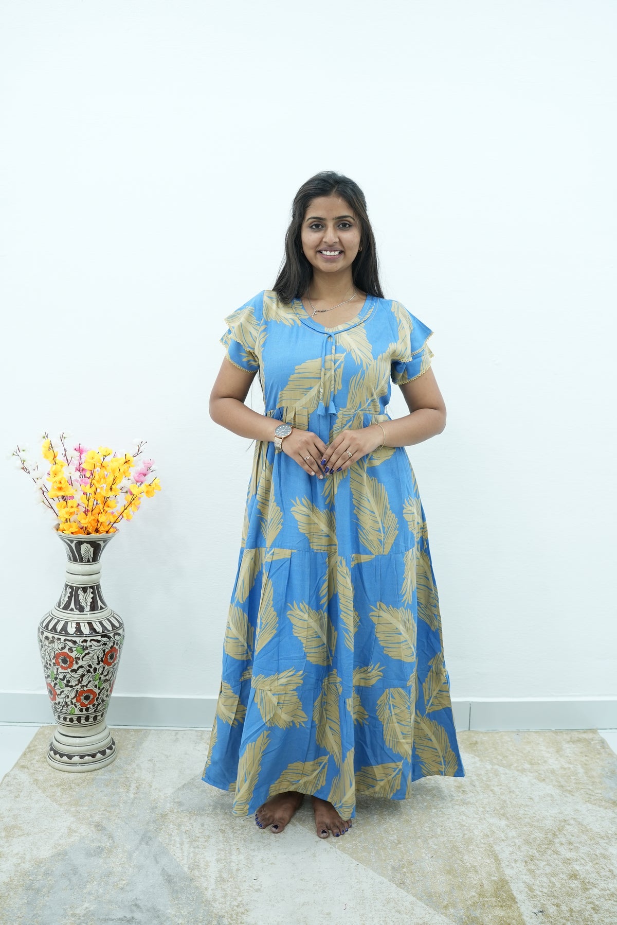 Premium Alpine 3-Layer Summer Maxi Frock – Tropical Palm Print with Double Layer Flutter Sleeves, V-Neck & Side Pockets