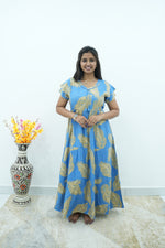 Premium Alpine 3-Layer Summer Maxi Frock – Tropical Palm Print with Double Layer Flutter Sleeves, V-Neck & Side Pockets