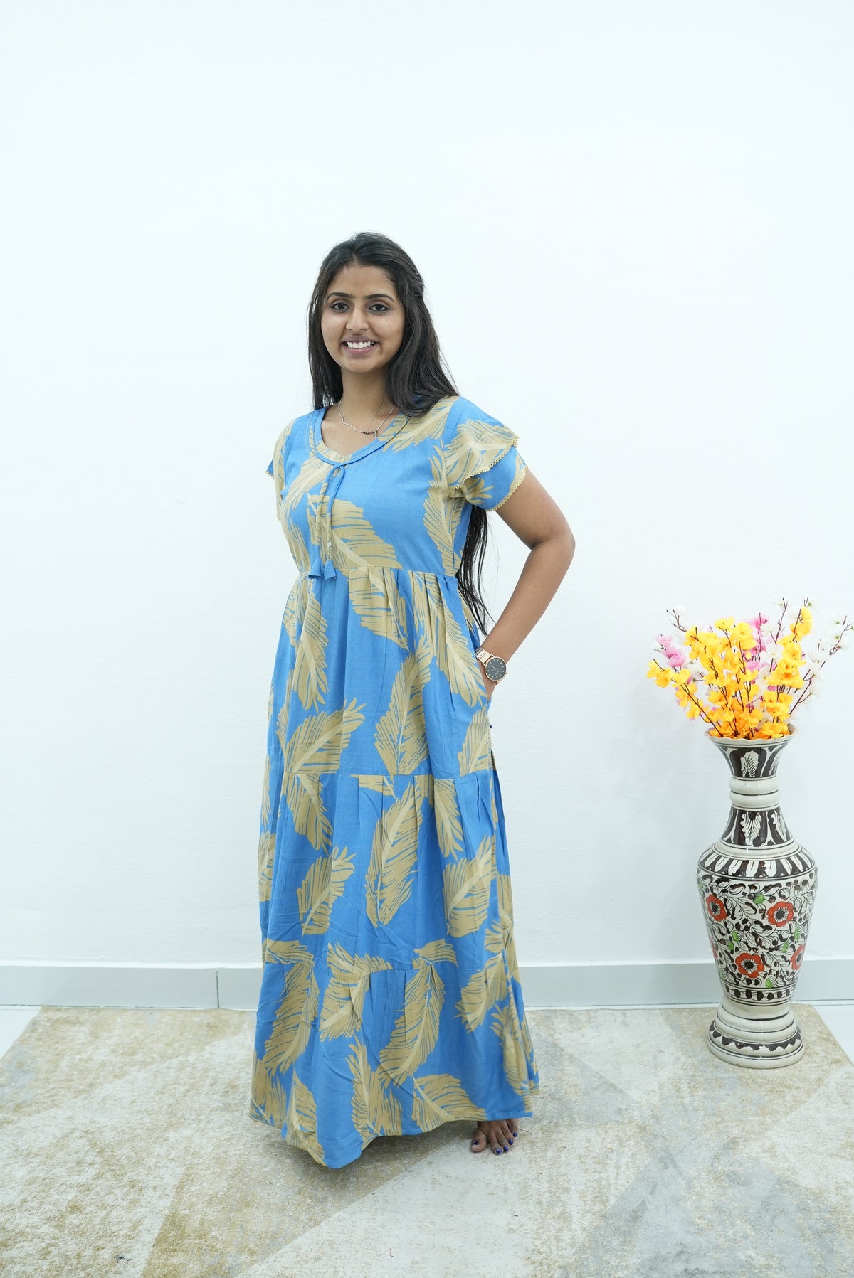 Premium Alpine 3-Layer Summer Maxi Frock – Tropical Palm Print with Double Layer Flutter Sleeves, V-Neck & Side Pockets