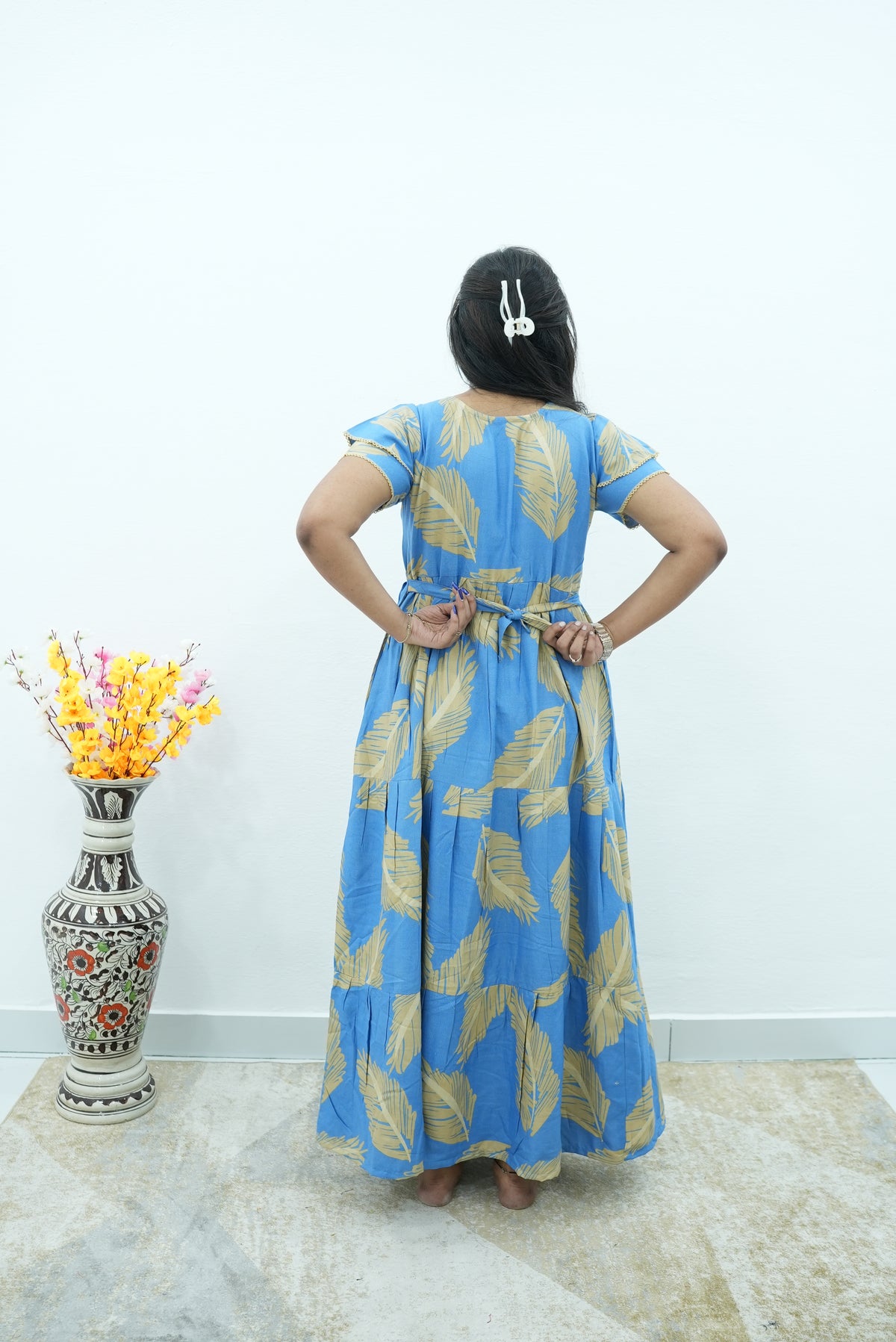 Premium Alpine 3-Layer Summer Maxi Frock – Tropical Palm Print with Double Layer Flutter Sleeves, V-Neck & Side Pockets