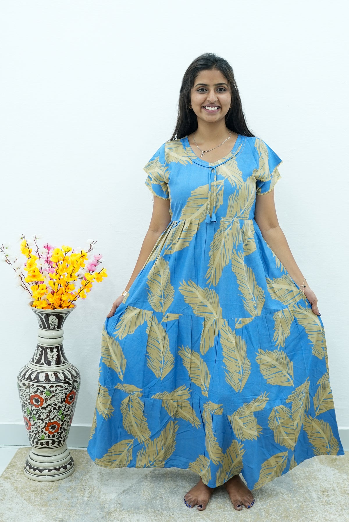 Premium Alpine 3-Layer Summer Maxi Frock – Tropical Palm Print with Double Layer Flutter Sleeves, V-Neck & Side Pockets