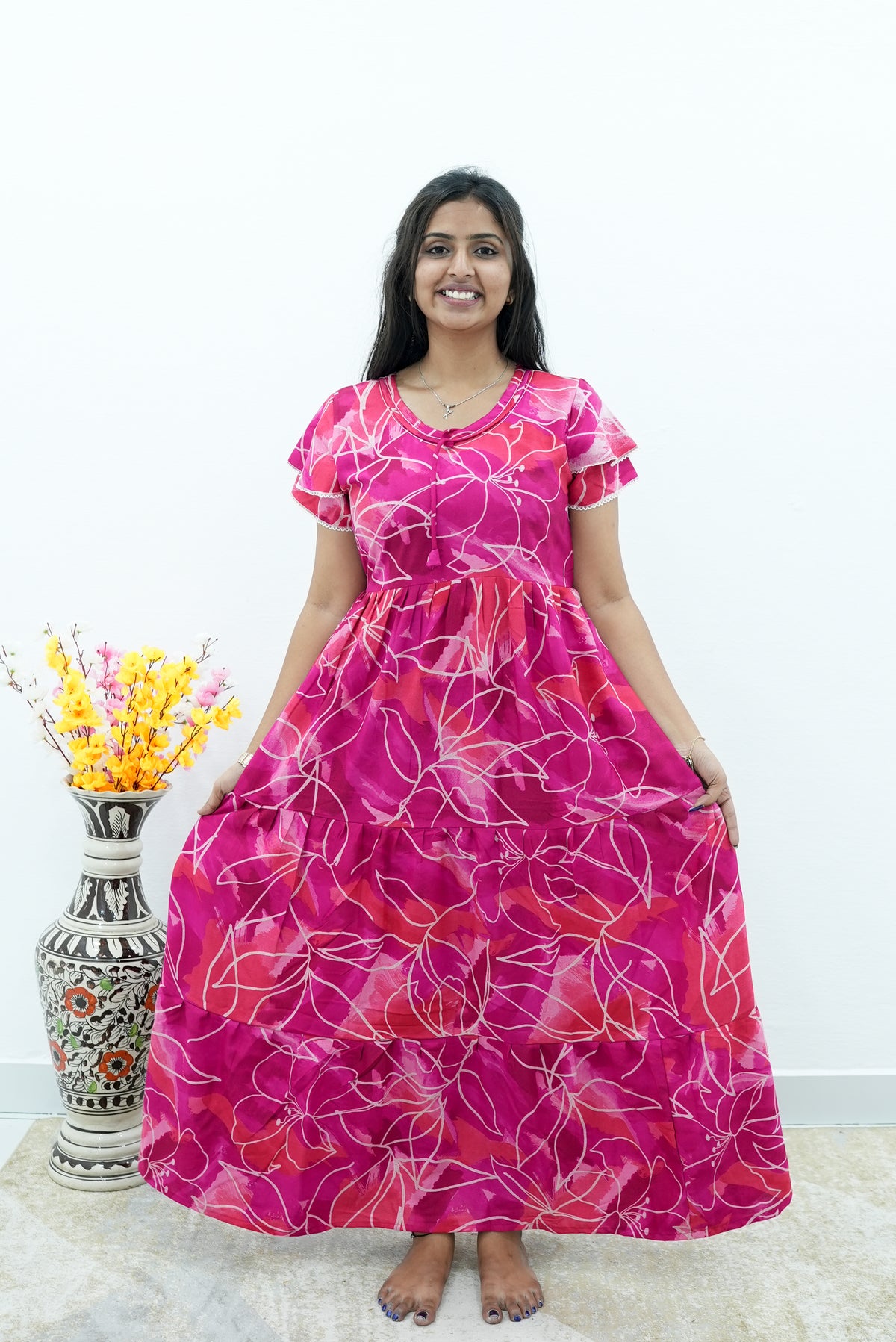 Peacock Floral Premium Alpine 3-Layer Maxi Frock – Elegant Double Layer Butterfly Sleeves with V-Neck & Adjustable Back Tie - Breathable All-Season Fabric