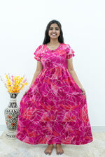 Peacock Floral Premium Alpine 3-Layer Maxi Frock – Elegant Double Layer Butterfly Sleeves with V-Neck & Adjustable Back Tie - Breathable All-Season Fabric