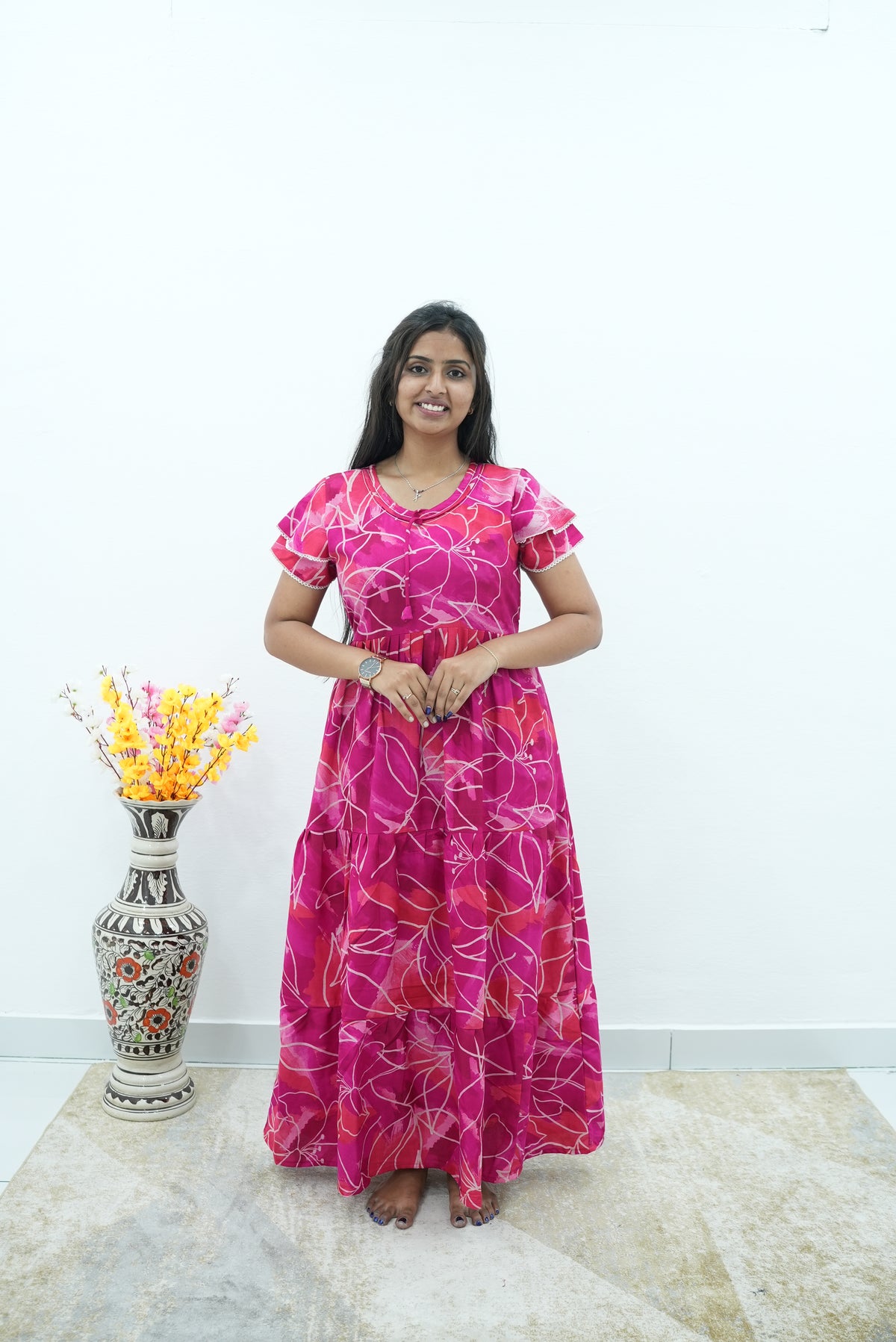 Peacock Floral Premium Alpine 3-Layer Maxi Frock – Elegant Double Layer Butterfly Sleeves with V-Neck & Adjustable Back Tie - Breathable All-Season Fabric