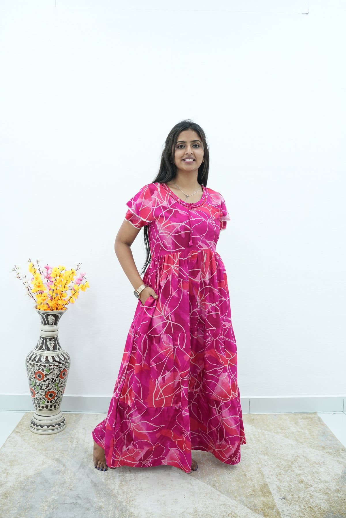 Peacock Floral Premium Alpine 3-Layer Maxi Frock – Elegant Double Layer Butterfly Sleeves with V-Neck & Adjustable Back Tie - Breathable All-Season Fabric