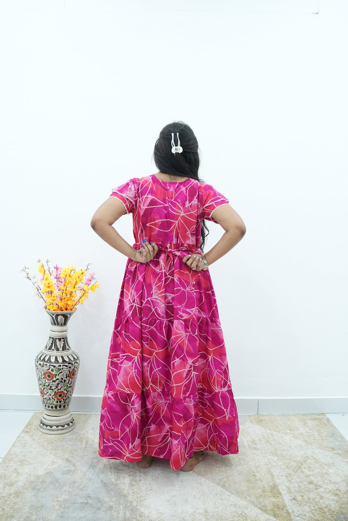 Peacock Floral Premium Alpine 3-Layer Maxi Frock – Elegant Double Layer Butterfly Sleeves with V-Neck & Adjustable Back Tie - Breathable All-Season Fabric