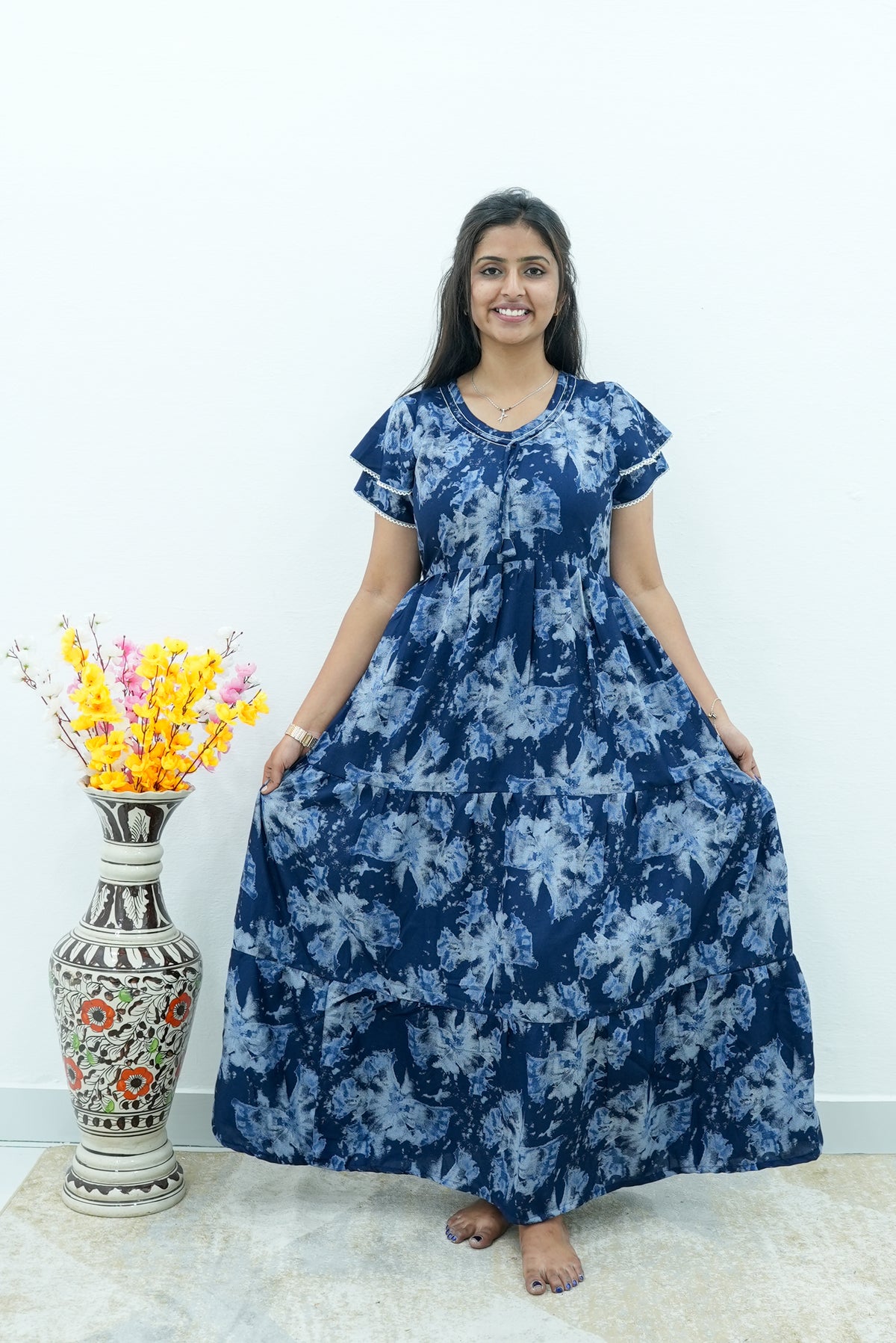 Onyx Midnight Premium Alpine 3-Layer Maxi Frock – Designer Double Layer Butterfly Sleeves with Piping V-Neck & Adjustable Back Tie