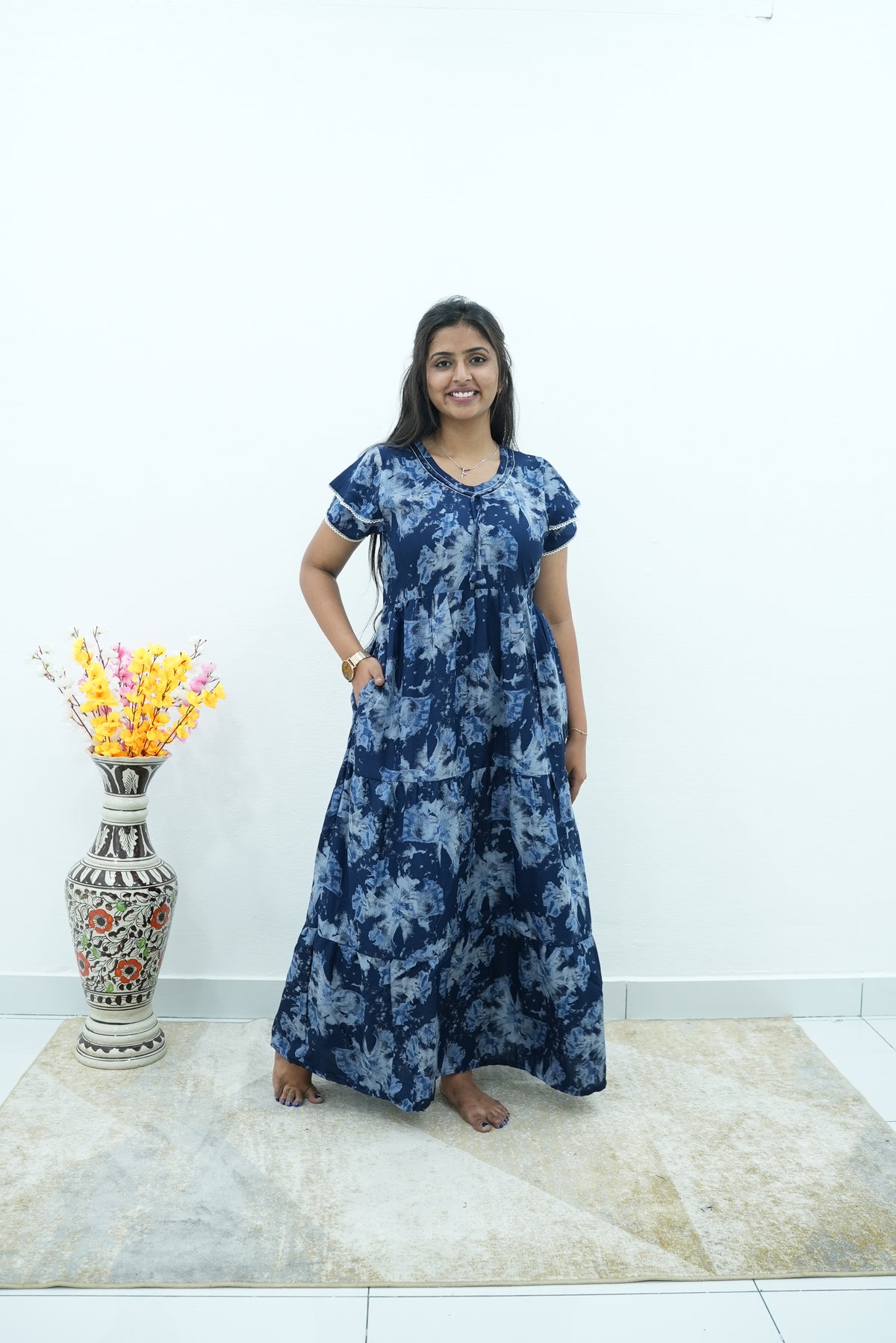 Onyx Midnight Premium Alpine 3-Layer Maxi Frock – Designer Double Layer Butterfly Sleeves with Piping V-Neck & Adjustable Back Tie