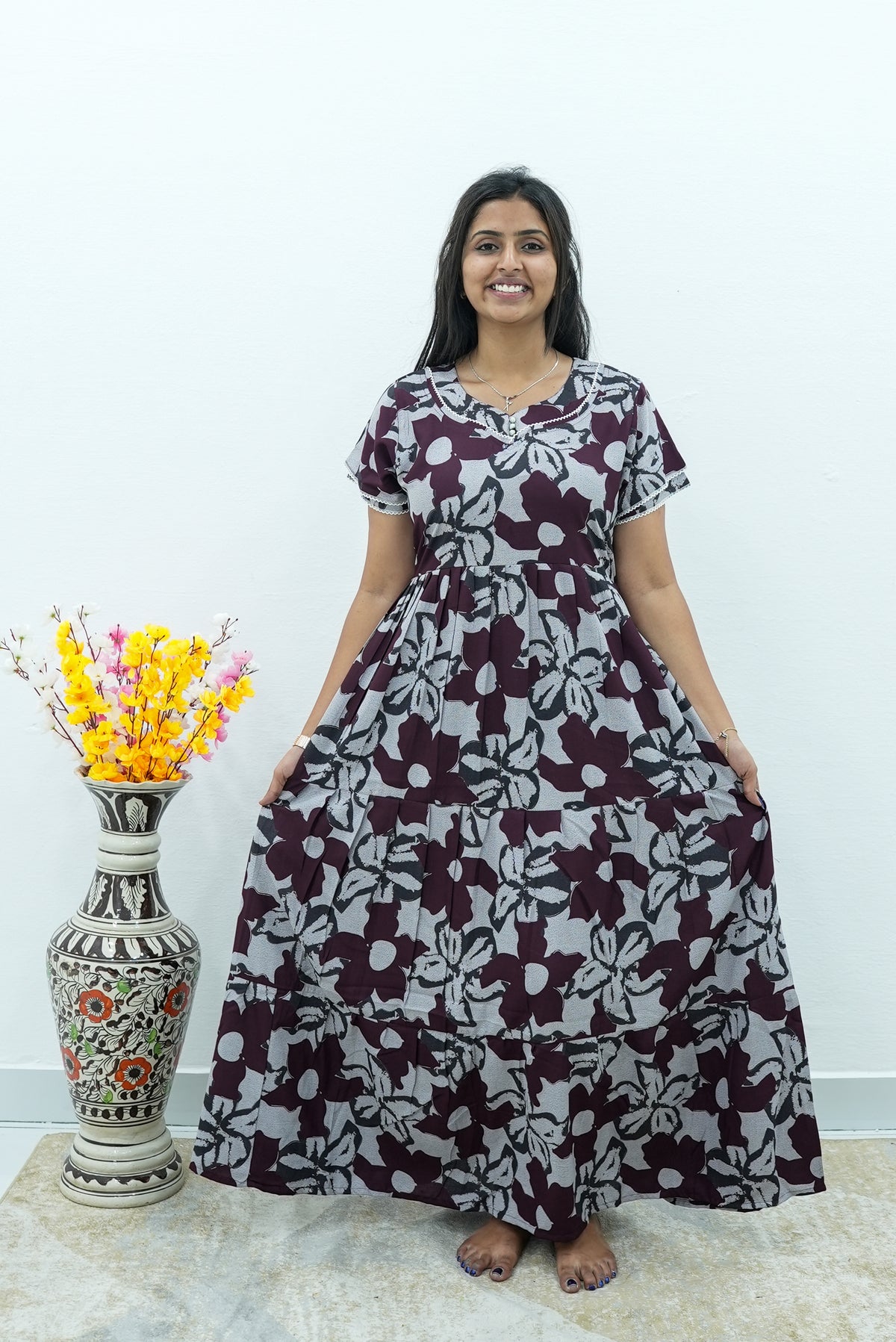 Premium Alpine 3-Layer Navy Bloom Maxi Frock – Botanical Print with Double Layer Flutter Sleeves, Square Neck & Adjustable Back Tie