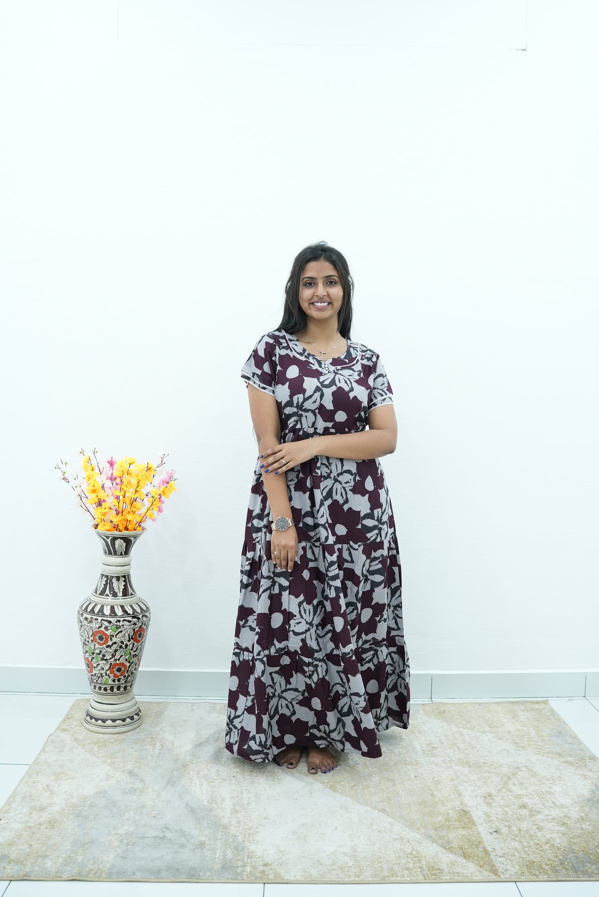 Premium Alpine 3-Layer Navy Bloom Maxi Frock – Botanical Print with Double Layer Flutter Sleeves, Square Neck & Adjustable Back Tie