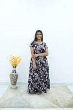 Premium Alpine 3-Layer Navy Bloom Maxi Frock – Botanical Print with Double Layer Flutter Sleeves, Square Neck & Adjustable Back Tie